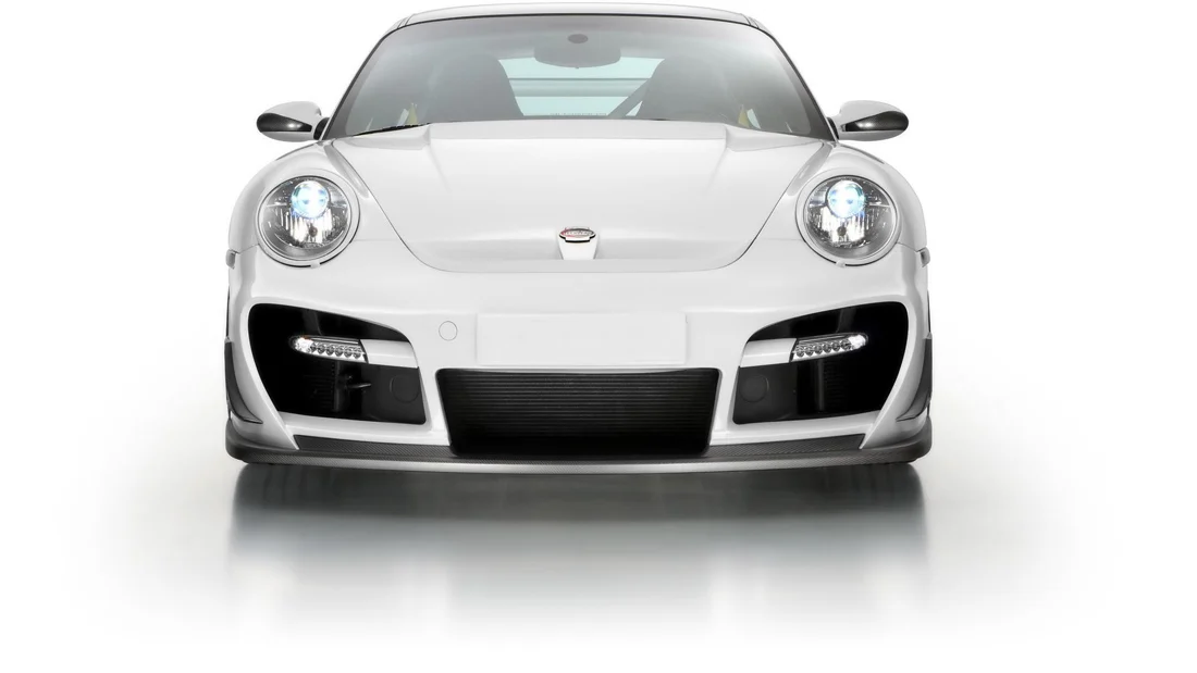 Front view of a white Porsche sports car with LED daytime running lights
